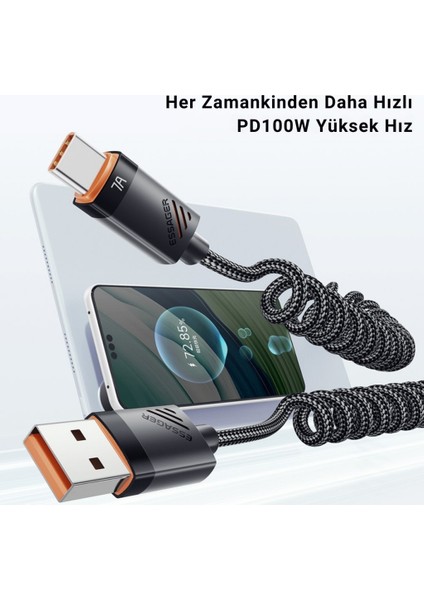 Pd 100W 7A USB To Type-C 1.2m Yaylı Spiral Data ve Hızlı Şarj Kablosu, Kopmaz, Karışmaz Kablo fırsatları