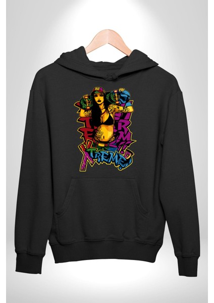 Kayakcı Kız Erkek Kadın Siyah Dijital Baskılı Kapüşonlu Sweatshirt Hoodie