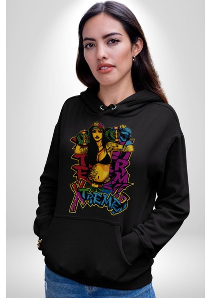 Kayakcı Kız Erkek Kadın Siyah Dijital Baskılı Kapüşonlu Sweatshirt Hoodie indirimleri