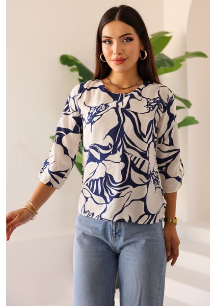 Kadın Uzun Kollu Bisiklet Yaka Desenli Rahat Bluz - Günlük, Şehir Şıklığı (Sınırlı Stok) Kadın Bluz