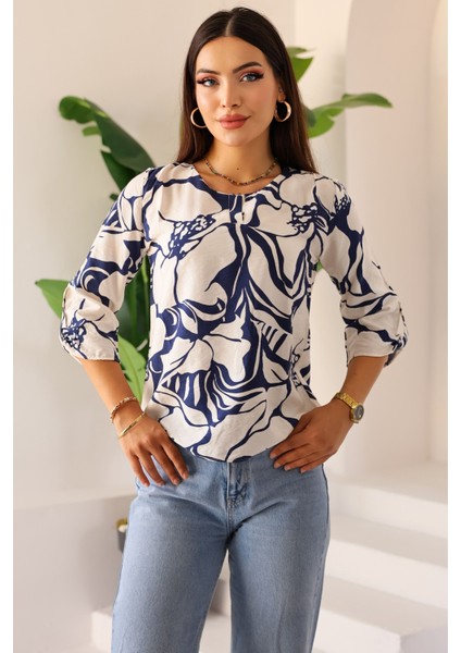 Kadın Uzun Kollu Bisiklet Yaka Desenli Rahat Bluz - Günlük, Şehir Şıklığı (Sınırlı Stok) Kadın Bluz fiyatları