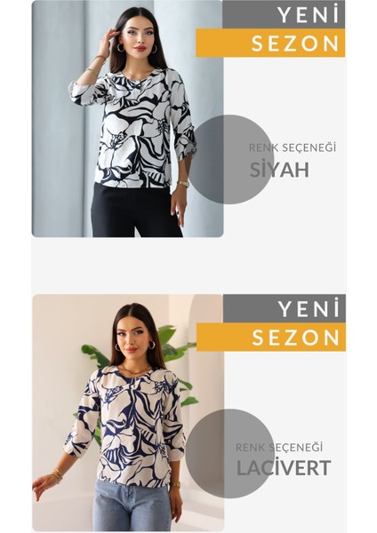 Kadın Uzun Kollu Bisiklet Yaka Desenli Rahat Bluz - Günlük, Şehir Şıklığı (Sınırlı Stok) Kadın Bluz