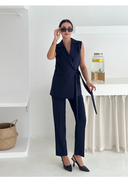 Lacivert Kuşak Bağlamalı Yelek Kemerli Havuç Pantolon Dokuma Kumaş Ikili Takım fiyatları