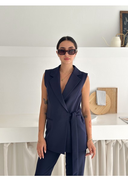 Lacivert Kuşak Bağlamalı Yelek Kemerli Havuç Pantolon Dokuma Kumaş Ikili Takım modelleri