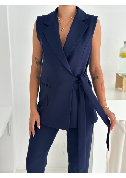 Lacivert Kuşak Bağlamalı Yelek Kemerli Havuç Pantolon Dokuma Kumaş Ikili Takım fırsatları