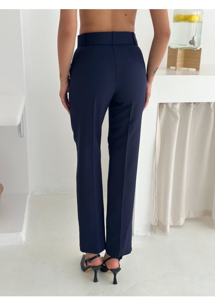 Lacivert Kuşak Bağlamalı Yelek Kemerli Havuç Pantolon Dokuma Kumaş Ikili Takım