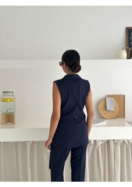 Lacivert Kuşak Bağlamalı Yelek Kemerli Havuç Pantolon Dokuma Kumaş Ikili Takım