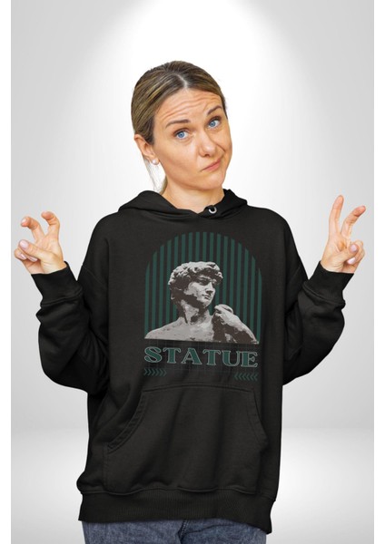 Statü Davut Heykeli Erkek Kadın Siyah Dijital Baskılı Kapüşonlu Sweatshirt Hoodie