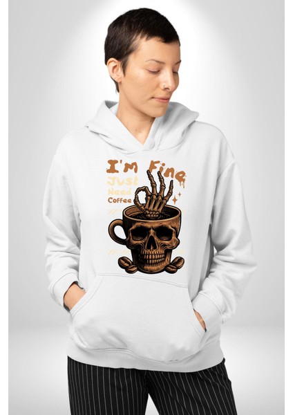 Iskelet Kupa Sadece Iyi Kahveye Ihtiyacım Var Erkek Kadın Beyaz Dijital Baskılı Kapüşonlu Sweatshirt Hoodie
