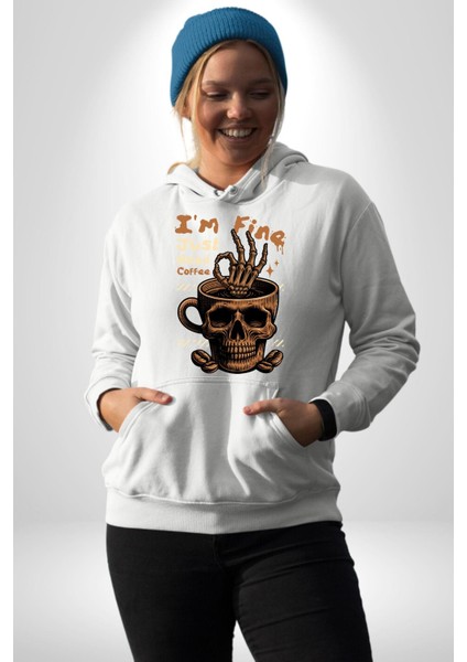 Iskelet Kupa Sadece Iyi Kahveye Ihtiyacım Var Erkek Kadın Beyaz Dijital Baskılı Kapüşonlu Sweatshirt Hoodie fırsatları