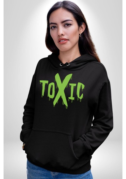 Sokak Sitili Atık Toxic Erkek Kadın Siyah Dijital Baskılı Kapüşonlu Sweatshirt Hoodie