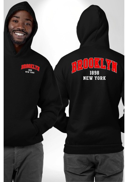 Brooklyn Kırmızı Erkek Kadın Siyah Ön Sırt Baskılı Kapüşonlu Sweatshirt Hoodie