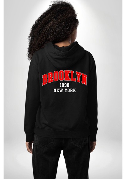 Brooklyn Kırmızı Erkek Kadın Siyah Ön Sırt Baskılı Kapüşonlu Sweatshirt Hoodie fiyatları