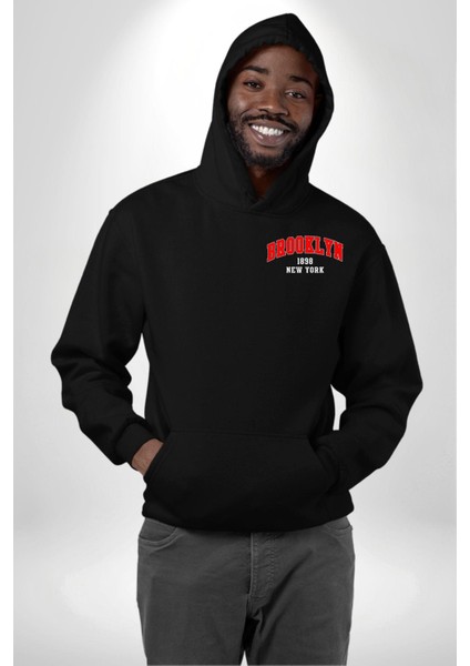 Brooklyn Kırmızı Erkek Kadın Siyah Ön Sırt Baskılı Kapüşonlu Sweatshirt Hoodie modelleri