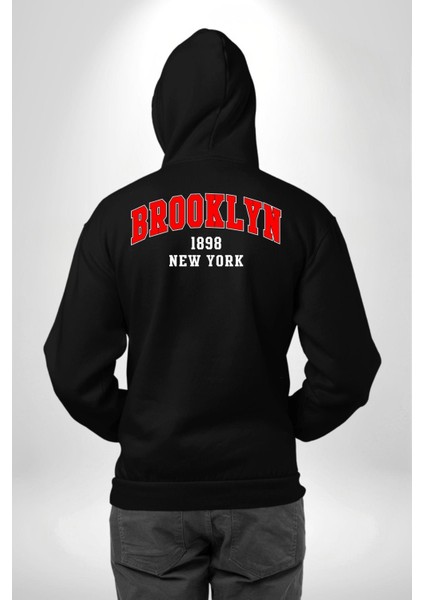 Brooklyn Kırmızı Erkek Kadın Siyah Ön Sırt Baskılı Kapüşonlu Sweatshirt Hoodie fırsatları