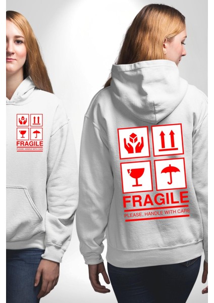 Kırılabilir - Dikkatli Taşıyınız Işareti Erkek Kadın Beyaz Ön Sırt Baskılı Kapüşonlu Sweatshirt Hoodie