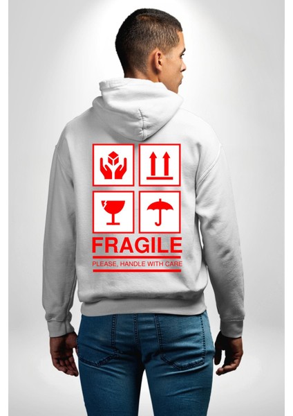 Kırılabilir - Dikkatli Taşıyınız Işareti Erkek Kadın Beyaz Ön Sırt Baskılı Kapüşonlu Sweatshirt Hoodie fiyatları