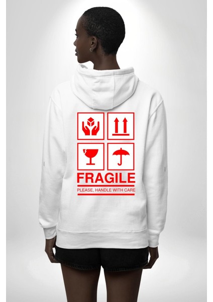 Kırılabilir - Dikkatli Taşıyınız Işareti Erkek Kadın Beyaz Ön Sırt Baskılı Kapüşonlu Sweatshirt Hoodie fırsatları
