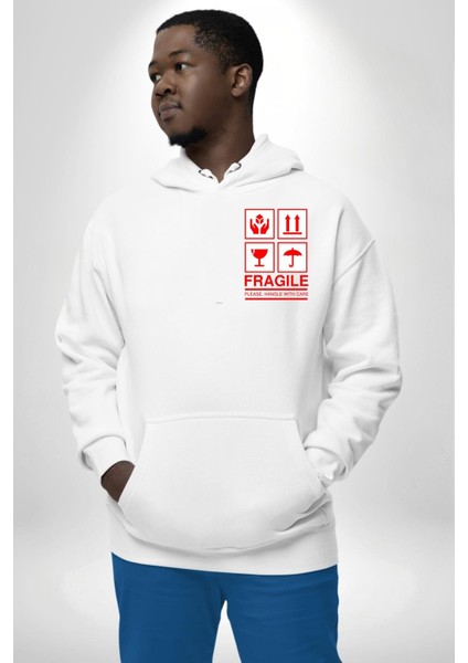 Kırılabilir - Dikkatli Taşıyınız Işareti Erkek Kadın Beyaz Ön Sırt Baskılı Kapüşonlu Sweatshirt Hoodie indirimleri