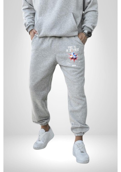 Farklı Olmak Zorundayım Erkek Kadın Gri Lastikli Bel Paca Eşofman Altı