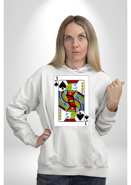Jack Of Spades Klasik Iskambil Kartı Grafiği Erkek Kadın Beyaz Dijital Baskılı Kapüşonlu Sweatshirt Hoodie