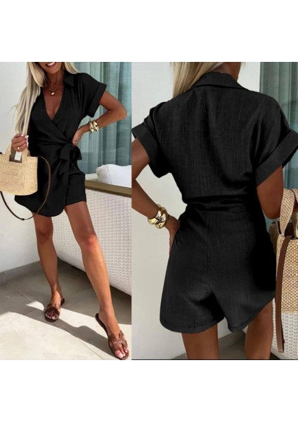 Kadın Keten Kumaş Gizli Fermuar ve Belde Kuşak Detaylı Tulum