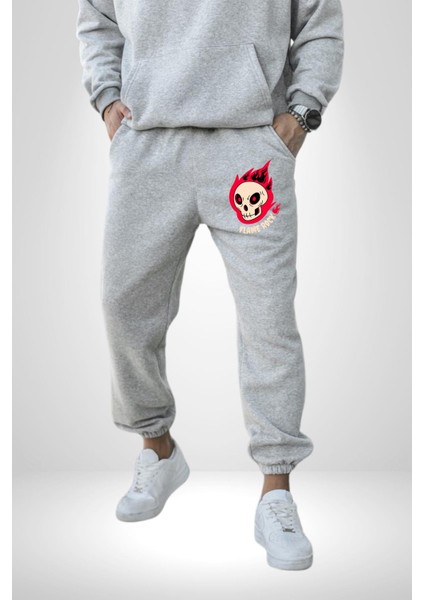 Kırmızı Ateş Kurukafa Rock Erkek Kadın Gri Lastikli Bel Paca Eşofman Altı