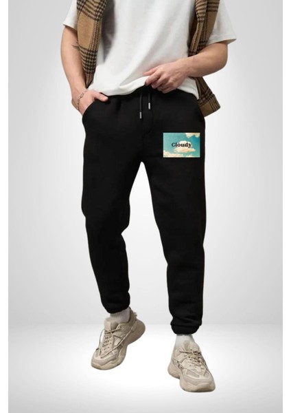 Pisikolojim Bulutlu Erkek Kadın Siyah Lastikli Bel Paca Eşofman Altı