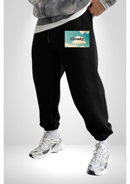 Pisikolojim Bulutlu Erkek Kadın Siyah Lastikli Bel Paca Eşofman Altı modelleri