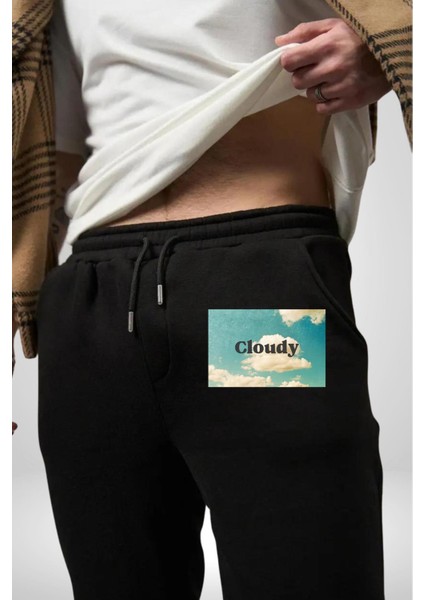 Pisikolojim Bulutlu Erkek Kadın Siyah Lastikli Bel Paca Eşofman Altı indirimleri