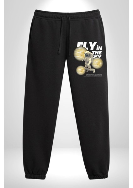 Gökyüzünde Uçmak Astronot Erkek Kadın Siyah Lastikli Bel Paca Eşofman Altı