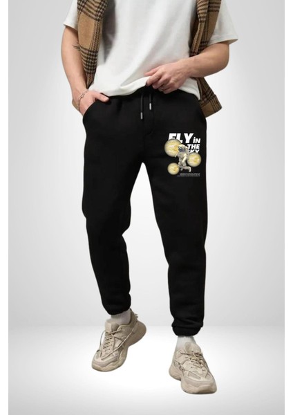 Gökyüzünde Uçmak Astronot Erkek Kadın Siyah Lastikli Bel Paca Eşofman Altı modelleri