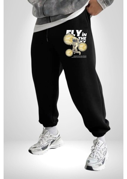 Gökyüzünde Uçmak Astronot Erkek Kadın Siyah Lastikli Bel Paca Eşofman Altı indirimleri