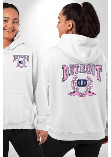 Detroit Kampüs Erkek Kadın Beyaz Ön Sırt Baskılı Kapüşonlu Sweatshirt Hoodie