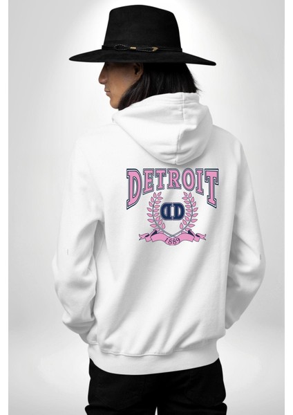 Detroit Kampüs Erkek Kadın Beyaz Ön Sırt Baskılı Kapüşonlu Sweatshirt Hoodie fiyatları