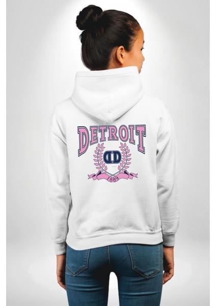 Detroit Kampüs Erkek Kadın Beyaz Ön Sırt Baskılı Kapüşonlu Sweatshirt Hoodie fırsatları