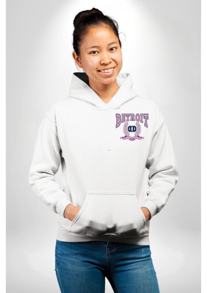 Detroit Kampüs Erkek Kadın Beyaz Ön Sırt Baskılı Kapüşonlu Sweatshirt Hoodie indirimleri