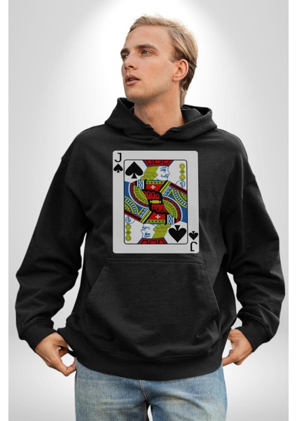 Jack Of Spades Klasik Iskambil Kartı Grafiği Erkek Kadın Siyah Dijital Baskılı Kapüşonlu Sweatshirt Hoodie