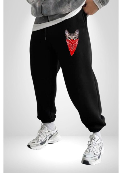 Maske Gangester Kedi Erkek Kadın Siyah Lastikli Bel Paca Eşofman Altı