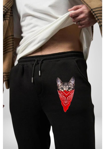 Maske Gangester Kedi Erkek Kadın Siyah Lastikli Bel Paca Eşofman Altı modelleri