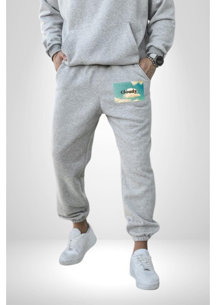 Pisikolojim Bulutlu Erkek Kadın Gri Lastikli Bel Paca Eşofman Altı