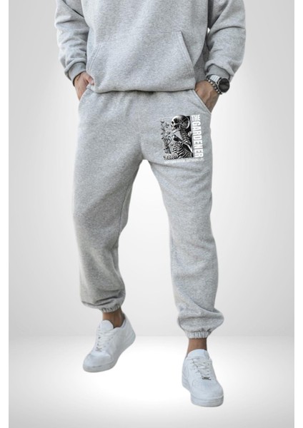 Iskelet Aşkı Kuş Kırk Kalp ve Kuru Çiçekler Erkek Kadın Gri Lastikli Bel Paca Eşofman Altı