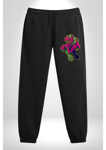 Cyberrex Neon ve Futuristik Dinozor Grafik Erkek Kadın Siyah Lastikli Bel Paca Eşofman Altı