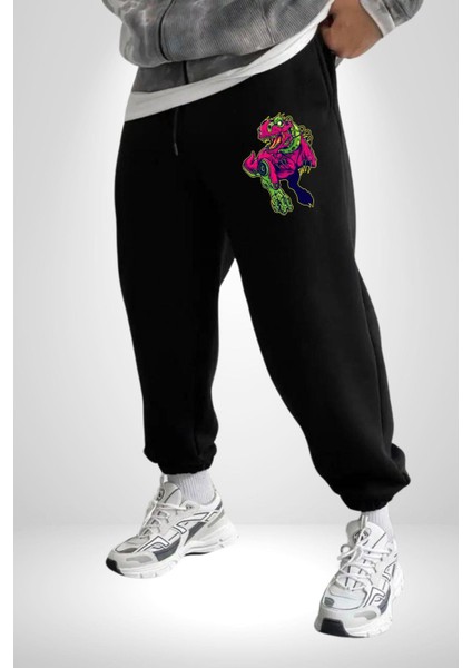 Cyberrex Neon ve Futuristik Dinozor Grafik Erkek Kadın Siyah Lastikli Bel Paca Eşofman Altı indirimleri