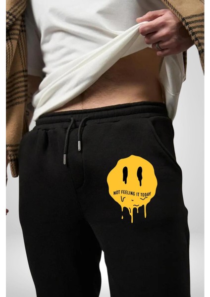 Eriyen Emoji Bugün Hissetmiyorum Erkek Kadın Siyah Lastikli Bel Paca Eşofman Altı