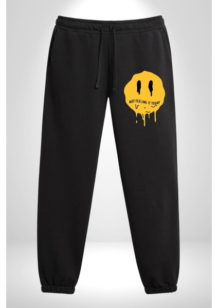 Eriyen Emoji Bugün Hissetmiyorum Erkek Kadın Siyah Lastikli Bel Paca Eşofman Altı modelleri