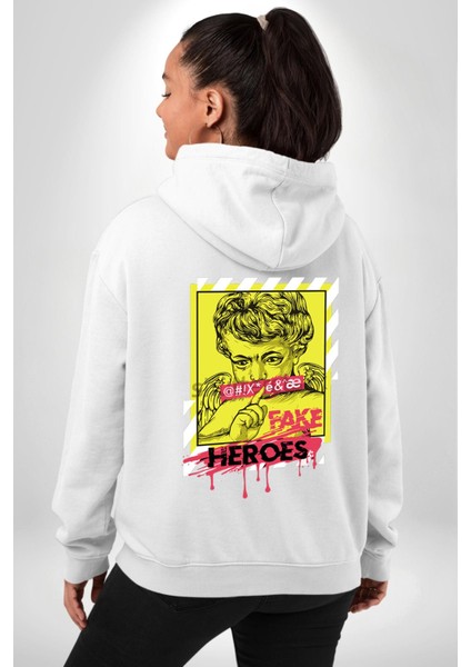 Aşk Meleği Sahte Melek Sus Erkek Kadın Beyaz Ön Sırt Baskılı Kapüşonlu Sweatshirt Hoodie fiyatları