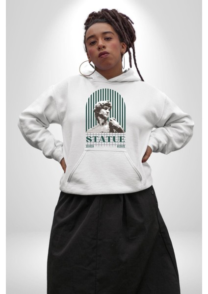 Statü Davut Heykeli Erkek Kadın Beyaz Dijital Baskılı Kapüşonlu Sweatshirt Hoodie
