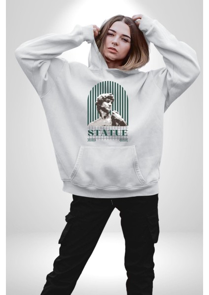 Statü Davut Heykeli Erkek Kadın Beyaz Dijital Baskılı Kapüşonlu Sweatshirt Hoodie fiyatları
