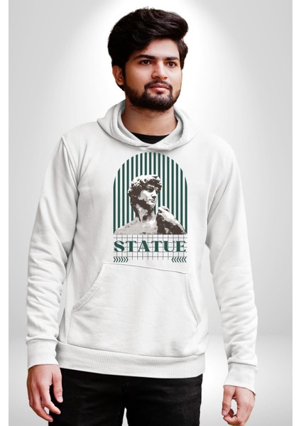 Statü Davut Heykeli Erkek Kadın Beyaz Dijital Baskılı Kapüşonlu Sweatshirt Hoodie fırsatları